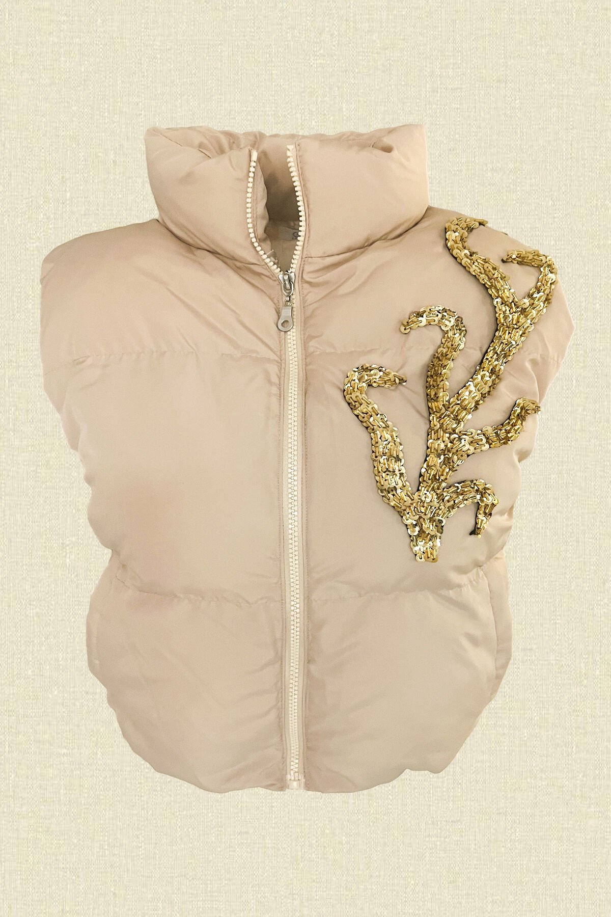 Gold Dal İşlemeli Krem Bomber Şişme Yelek