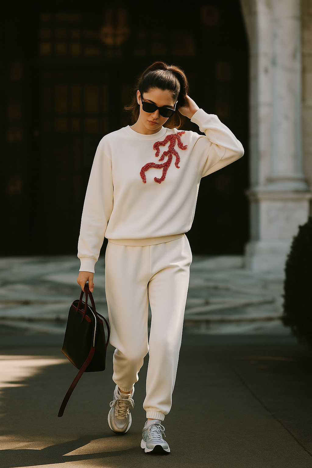 Kırmızı Dal İşlemeli Beyaz Eşofman Takım