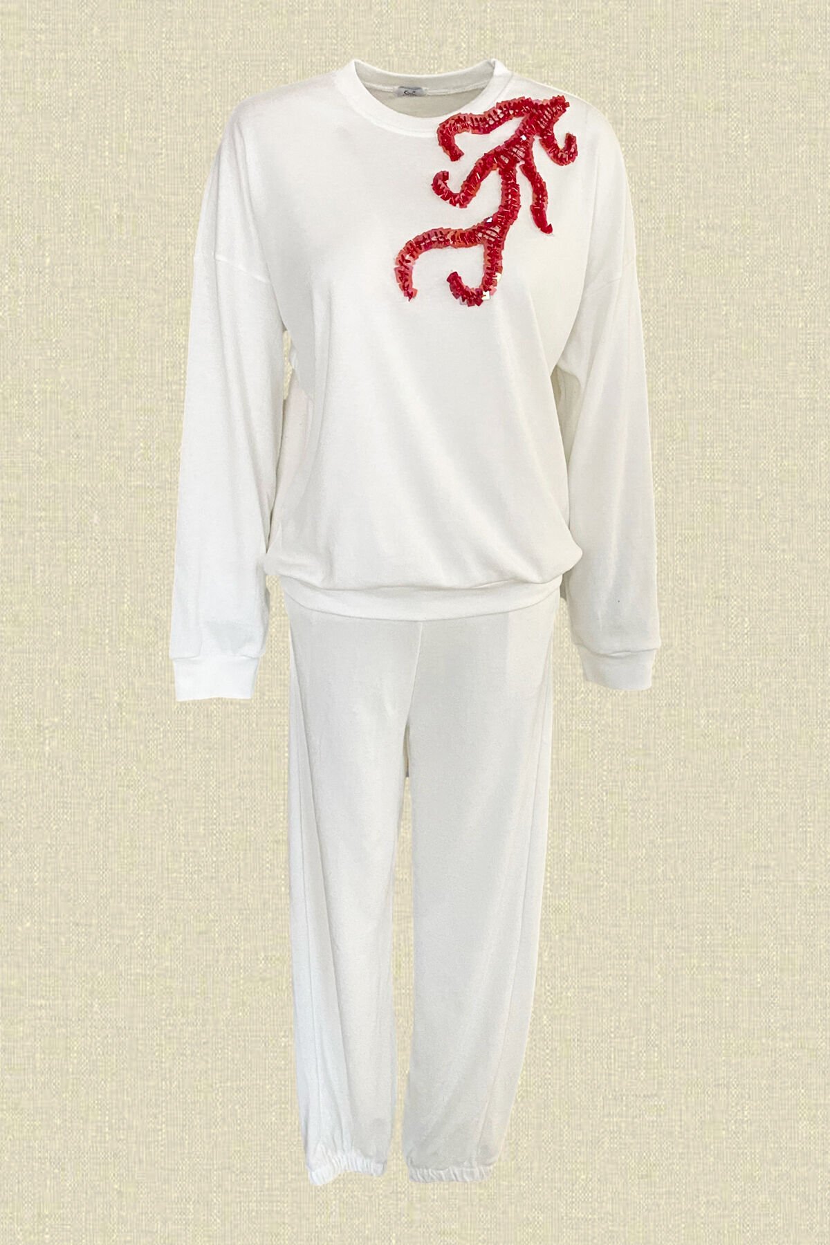 Kırmızı Dal İşlemeli Beyaz Eşofman Takım