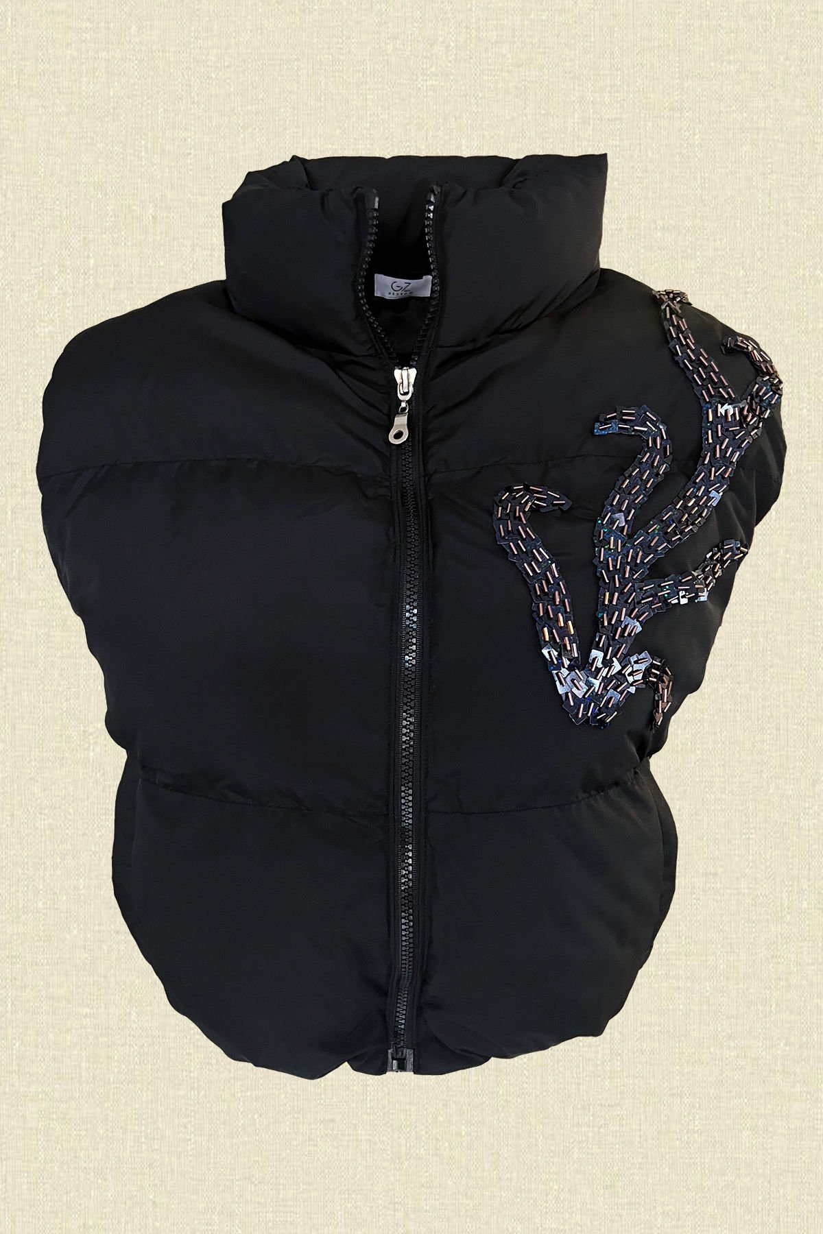 Siyah Dal İşlemeli Siyah Bomber Şişme Yelek