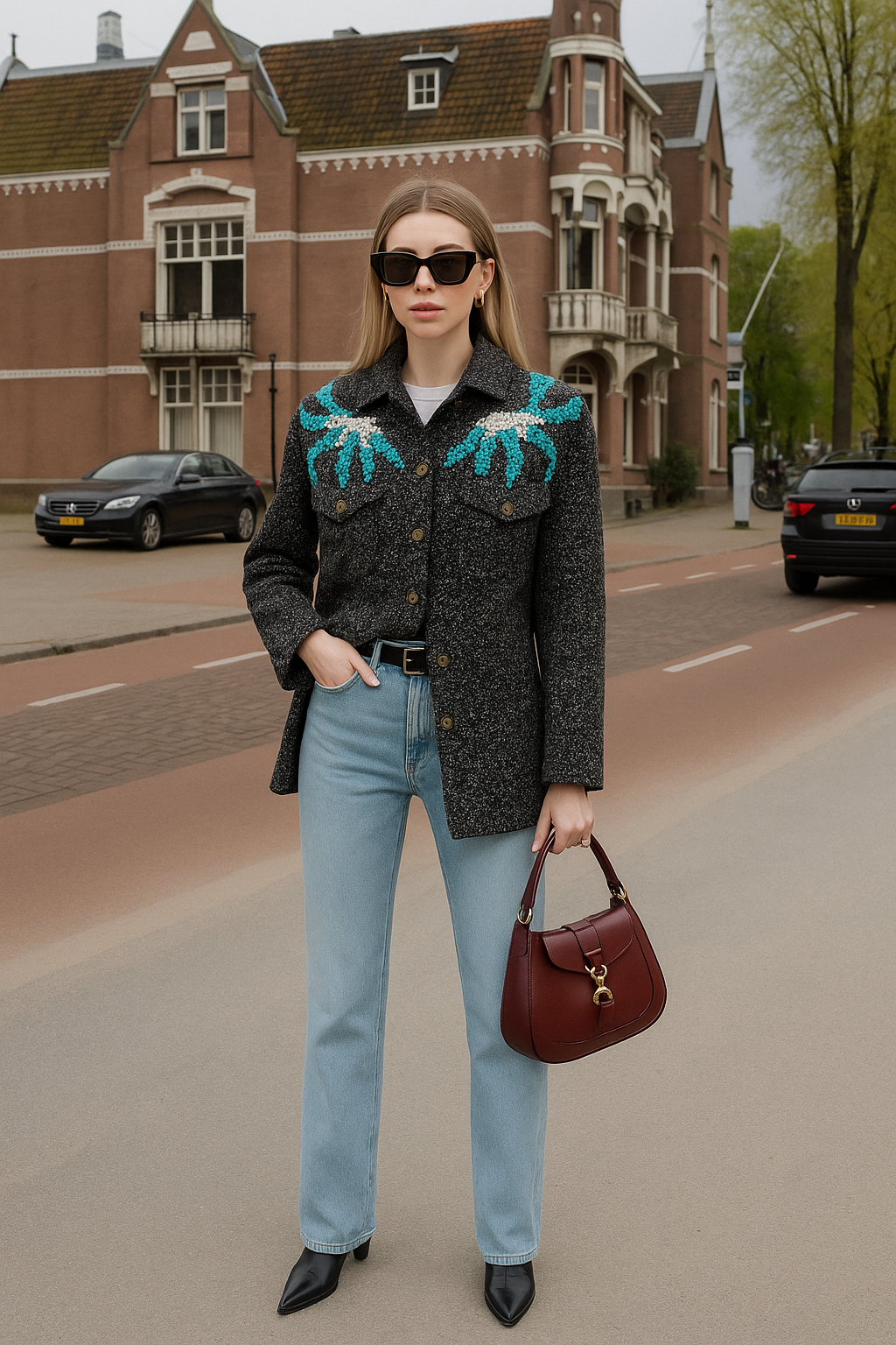 Mavi-Gümüş İşlemeli Siyah Yünlü Kaşe Ceket