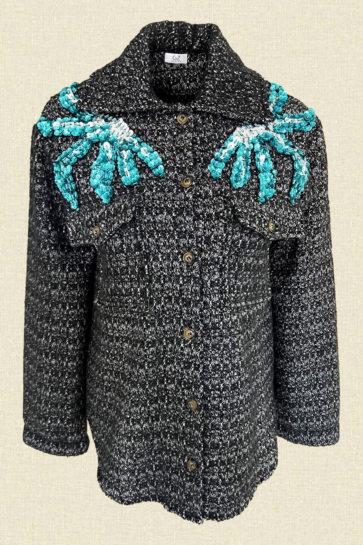 Mavi-Gümüş İşlemeli Siyah Yünlü Kaşe Ceket