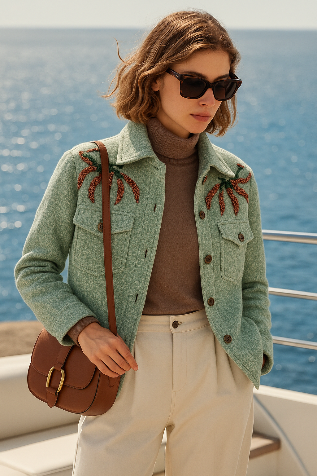 Kahverengi-Yeşil İşlemeli Mint Yeşili Yünlü Kaşe Ceket