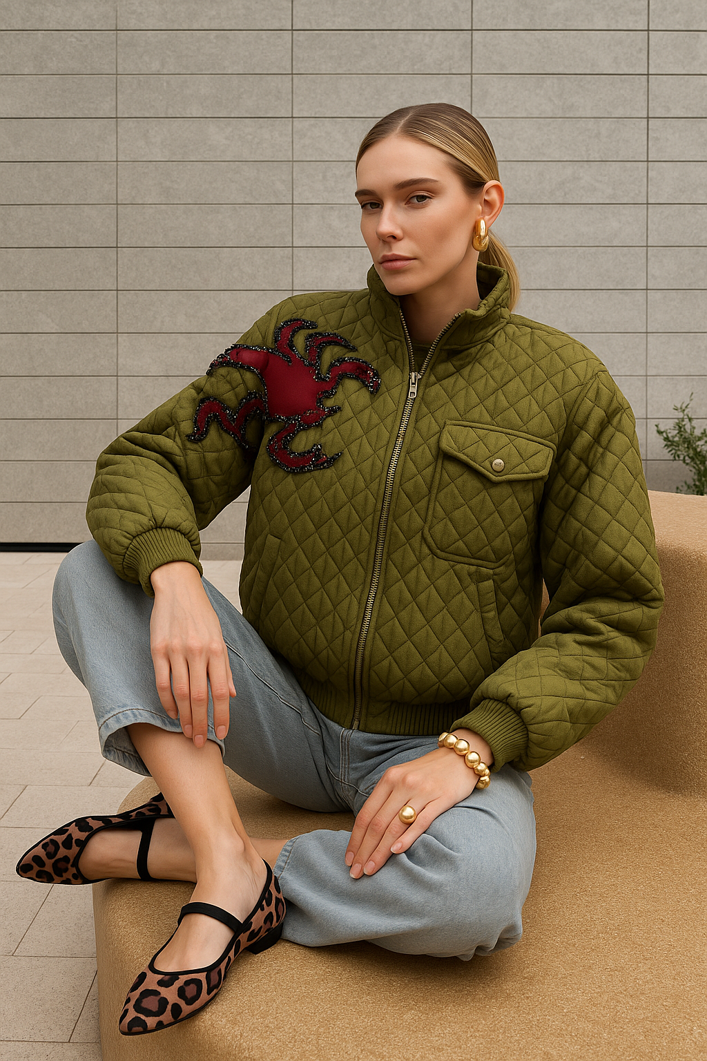 Deri Üzerine Boncuk İşlemeli Akrep Detaylı Asker Yeşili Bomber Ceket