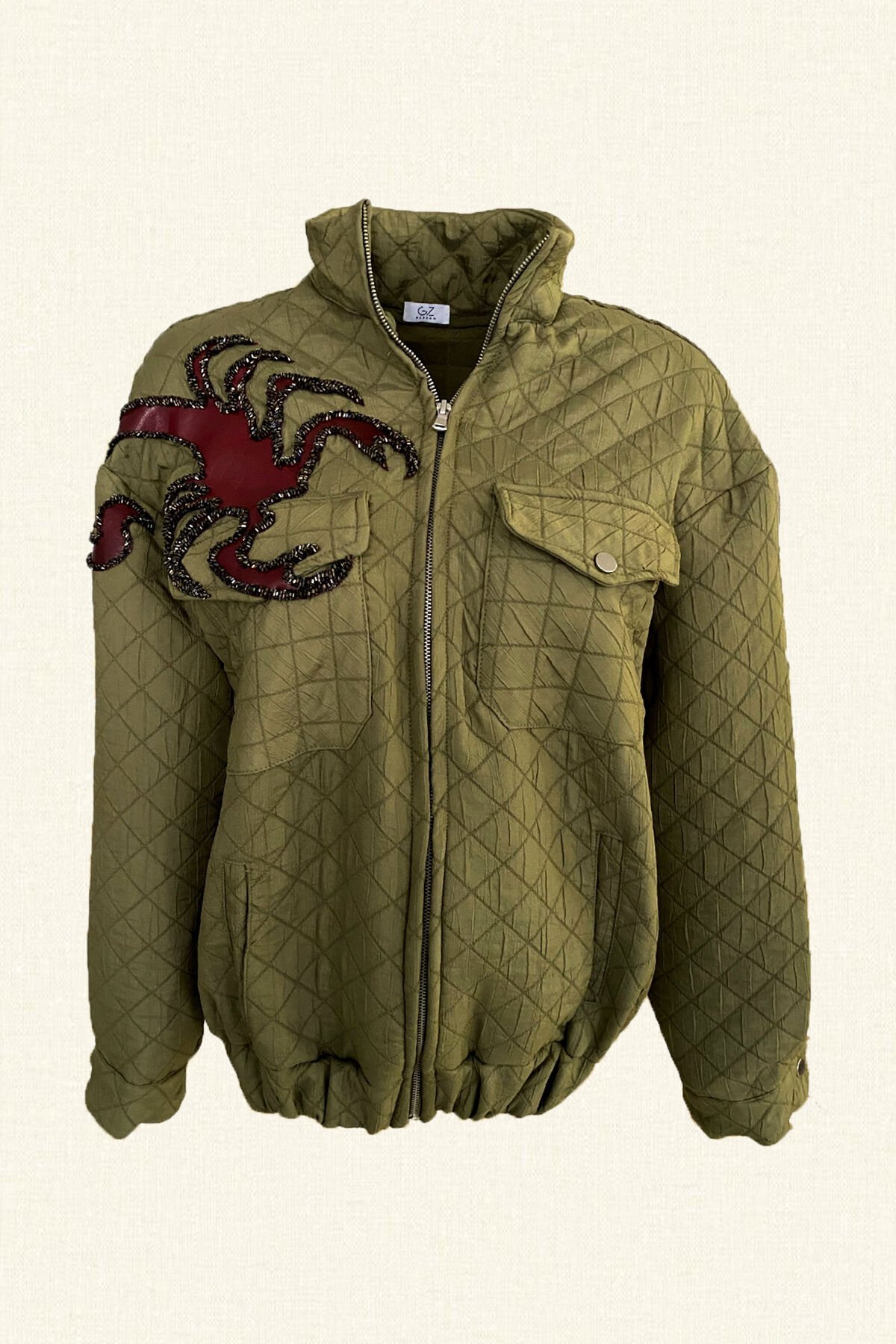 Deri Üzerine Boncuk İşlemeli Akrep Detaylı Asker Yeşili Bomber Ceket