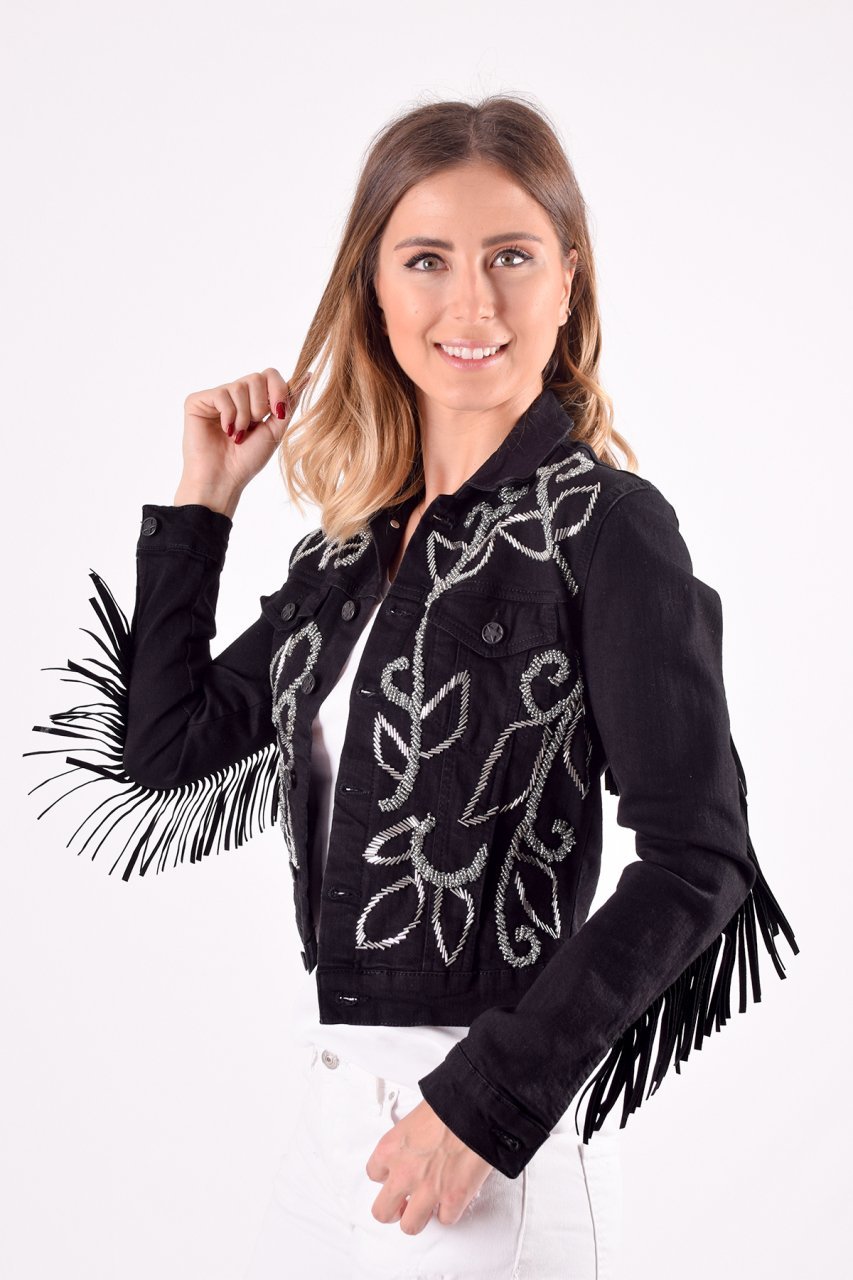Gümüş Çiçek Desenli Boncuk İşlemeli Siyah Jean Ceket