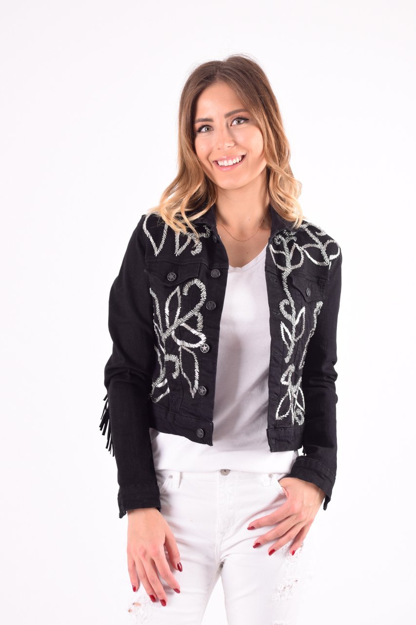 Gümüş Çiçek Desenli Boncuk İşlemeli Siyah Jean Ceket