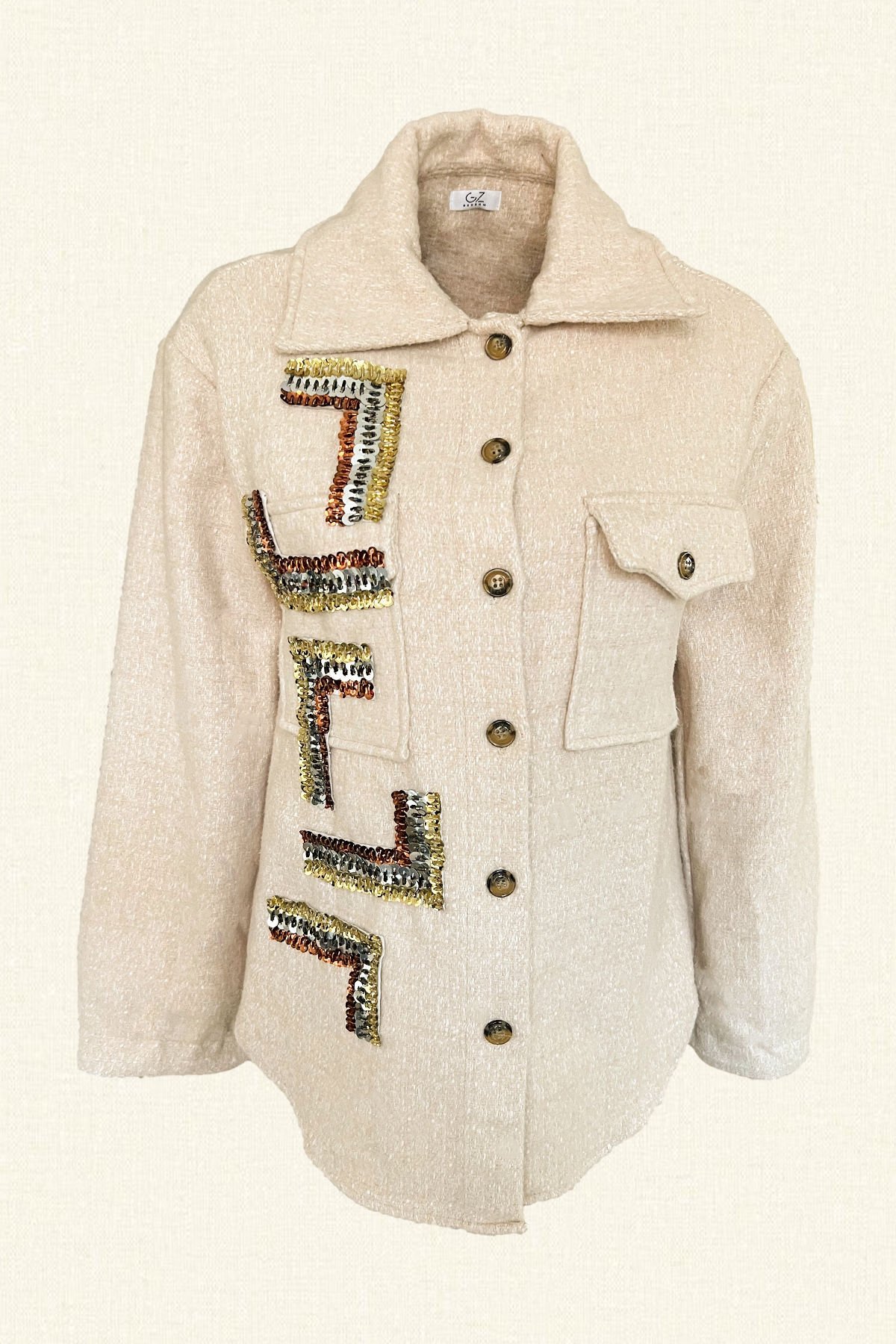 3 Renkli Geometrik İşlemeli Krem Renk Yünlü Kaşe Ceket