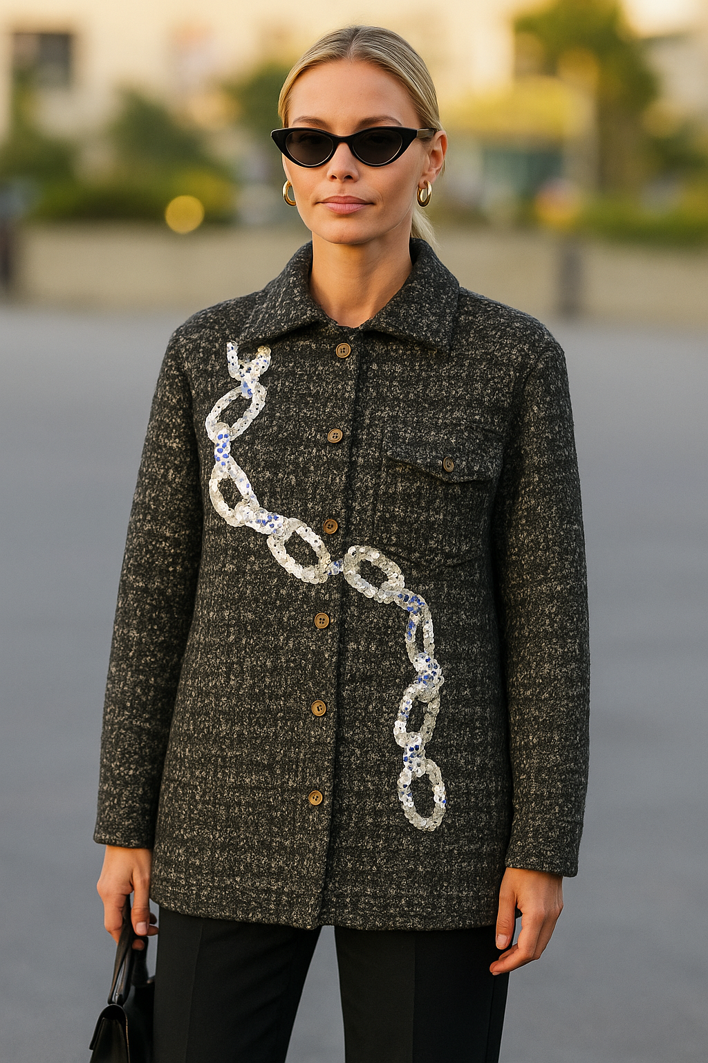 Gümüş Zincir İşlemeli Siyah Yünlü Kaşe Ceket