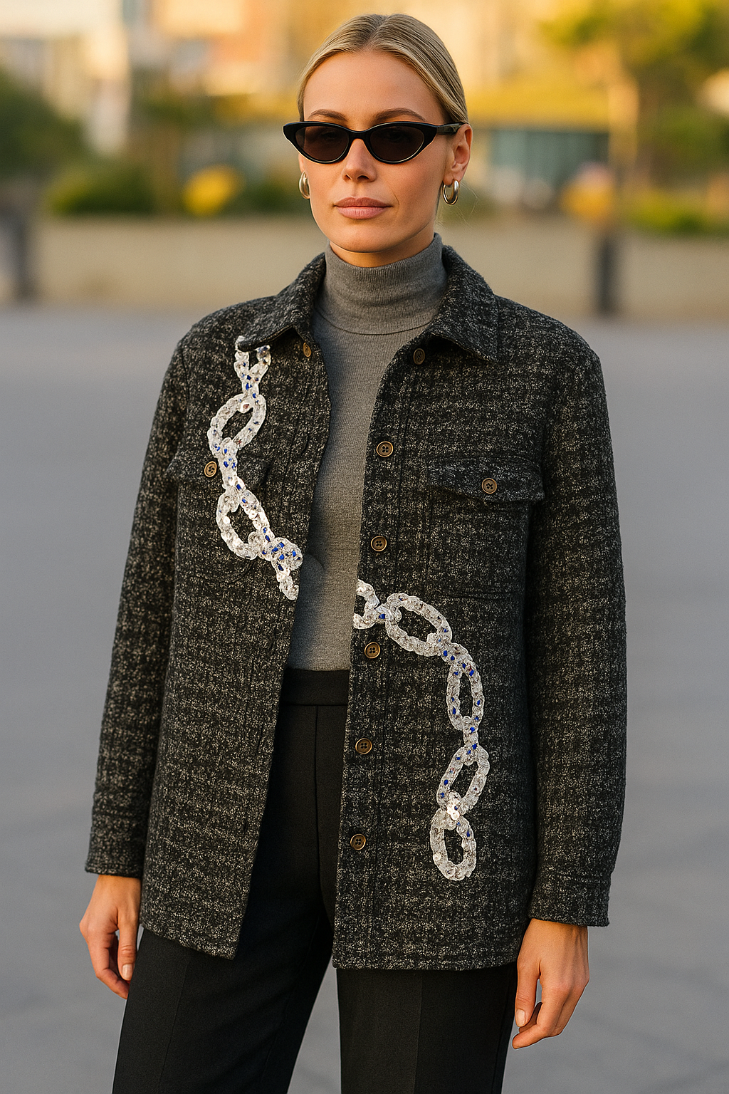 Gümüş Zincir İşlemeli Siyah Yünlü Kaşe Ceket