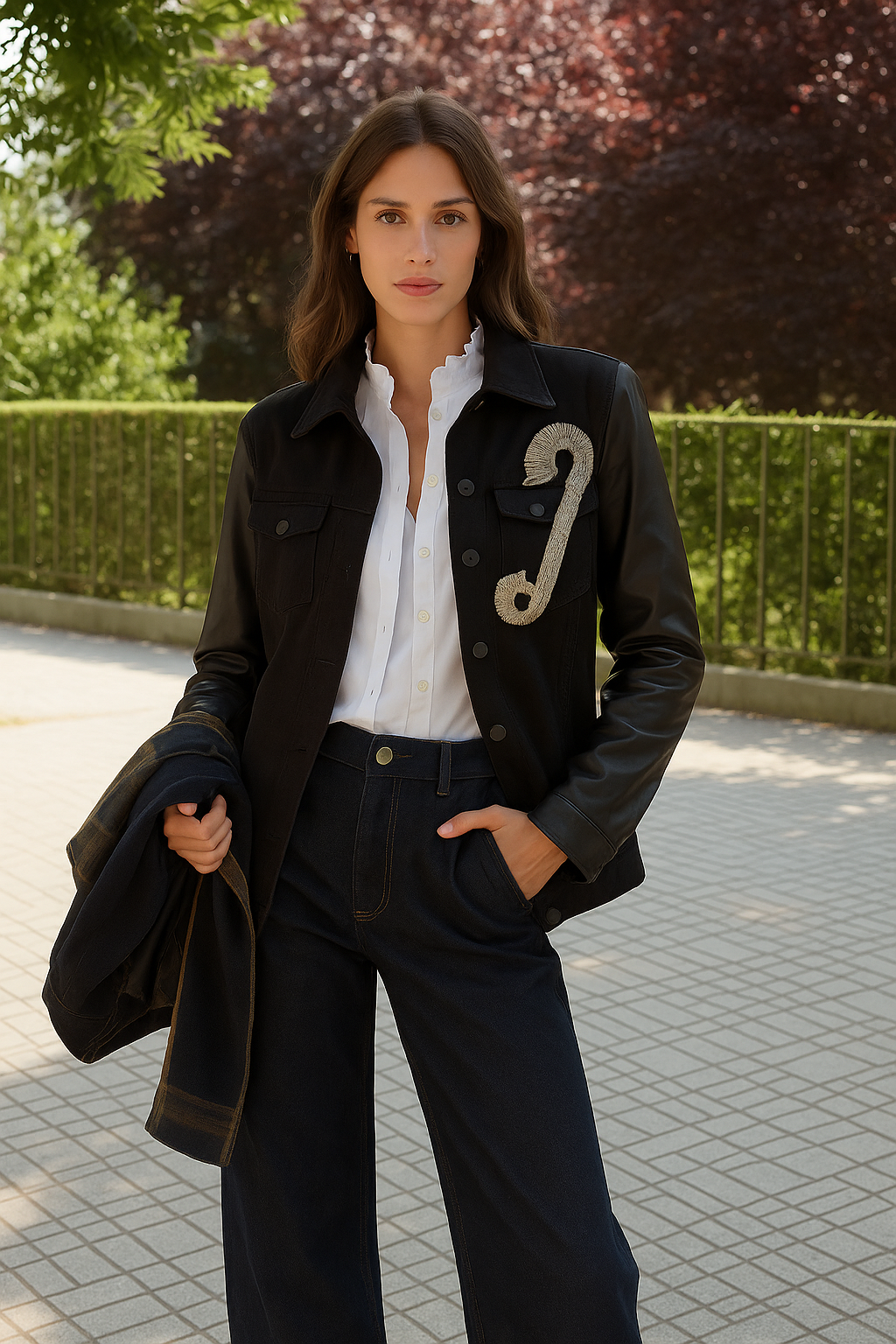 Gümüş Çengelli İğne İşlemeli Kolları Deri Detay Siyah Jean Ceket