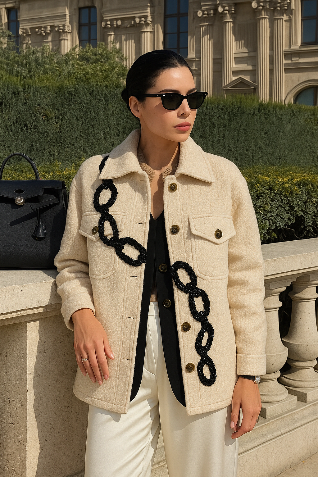 Siyah Zincir İşlemeli Krem Renk Yünlü Kaşe Ceket