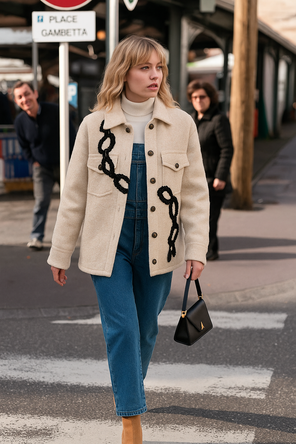 Siyah Zincir İşlemeli Krem Renk Yünlü Kaşe Ceket