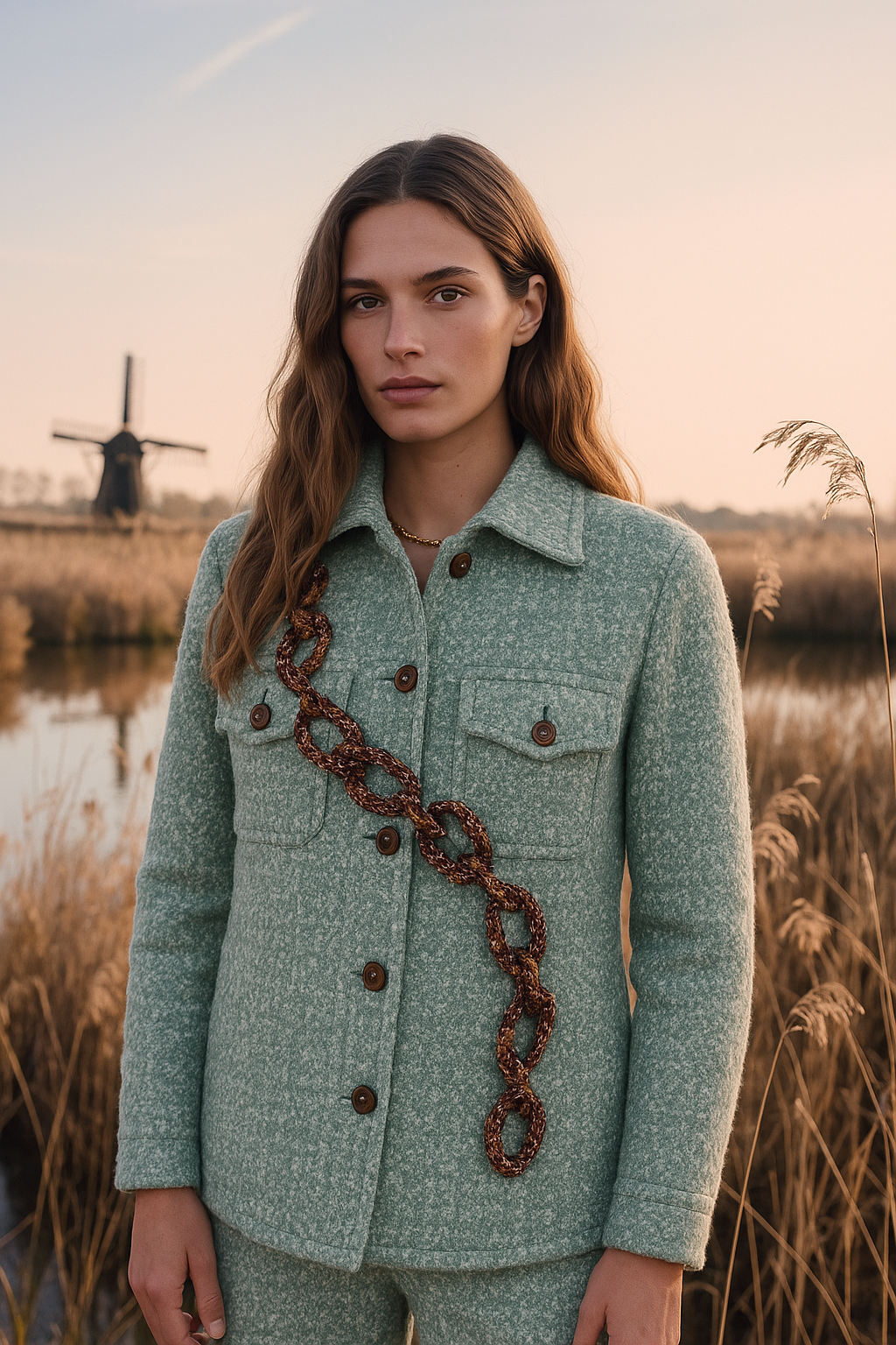 Kahverengi Zincir İşlemeli Mint Yeşili Yünlü Kaşe Ceket