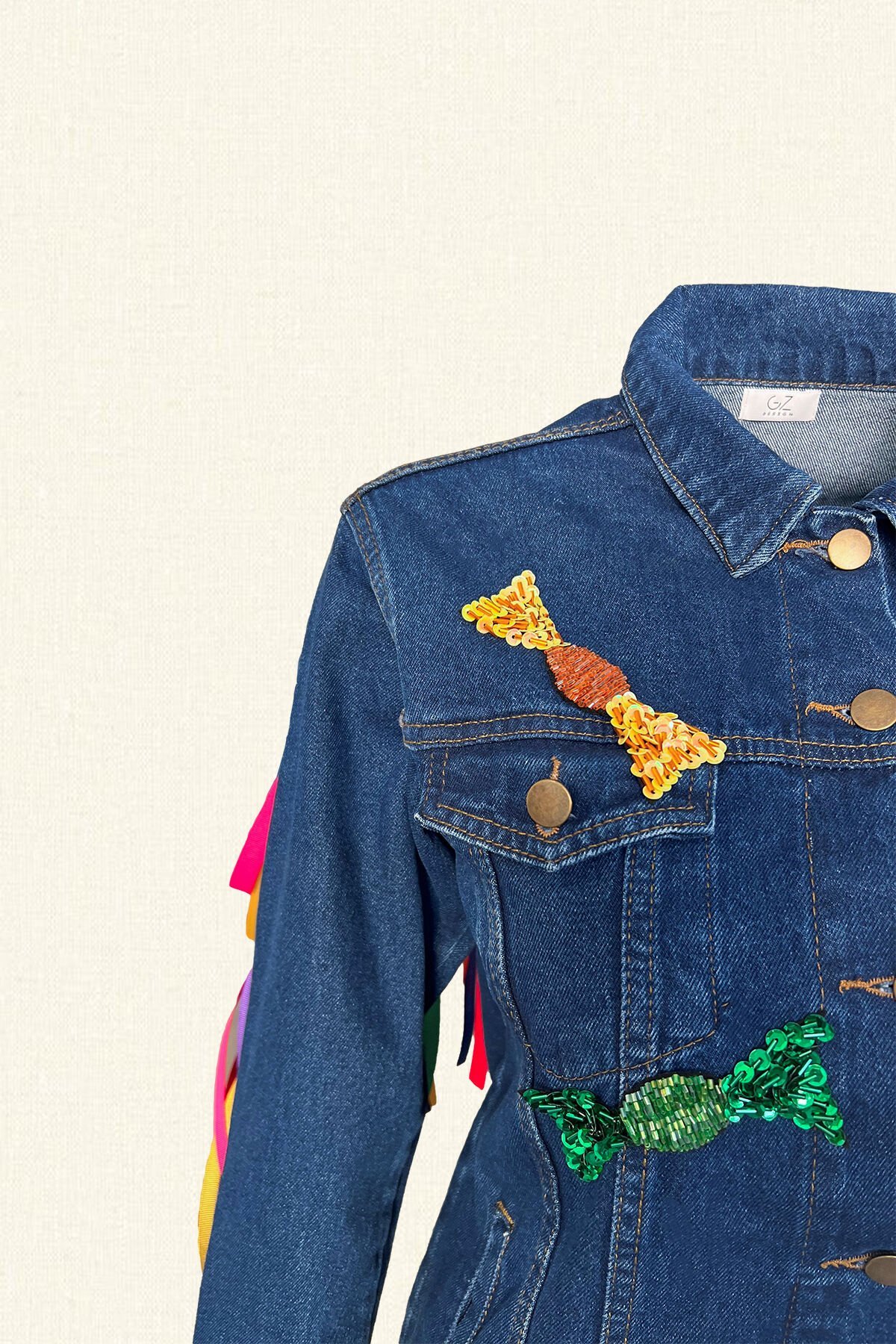 Renkli Kurdele Püsküllü Jean Ceket