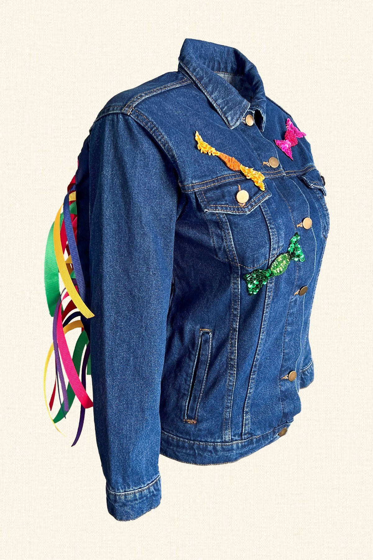 Renkli Kurdele Püsküllü Jean Ceket
