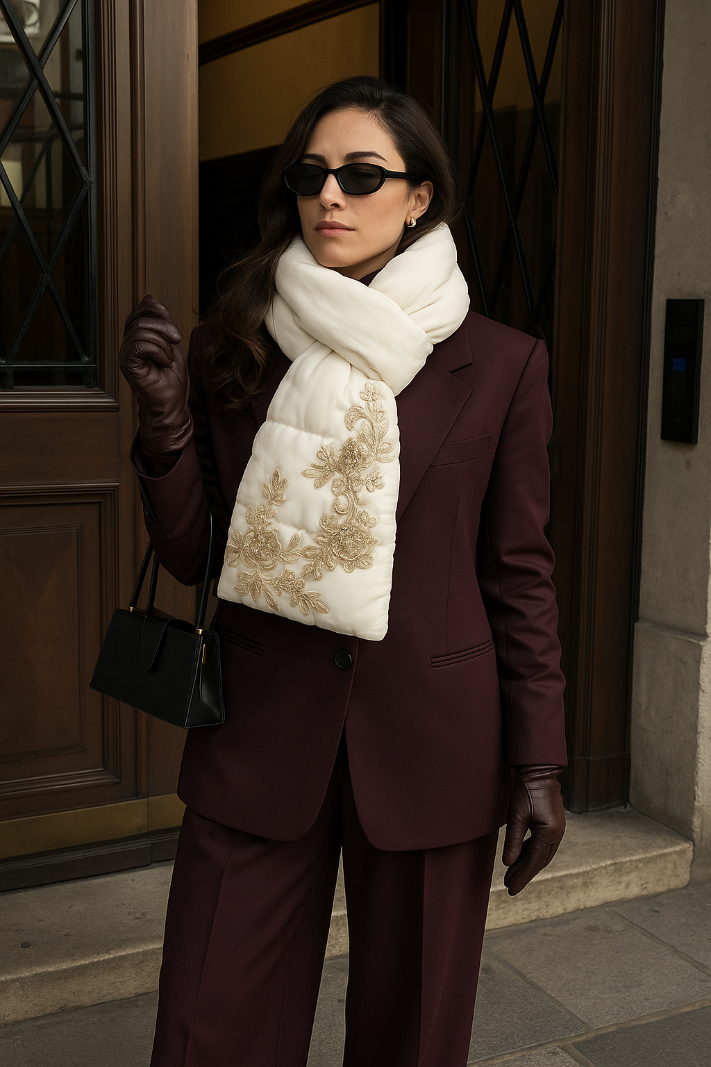 Dantel Detaylı Beyaz Kadife Şişme Atkı