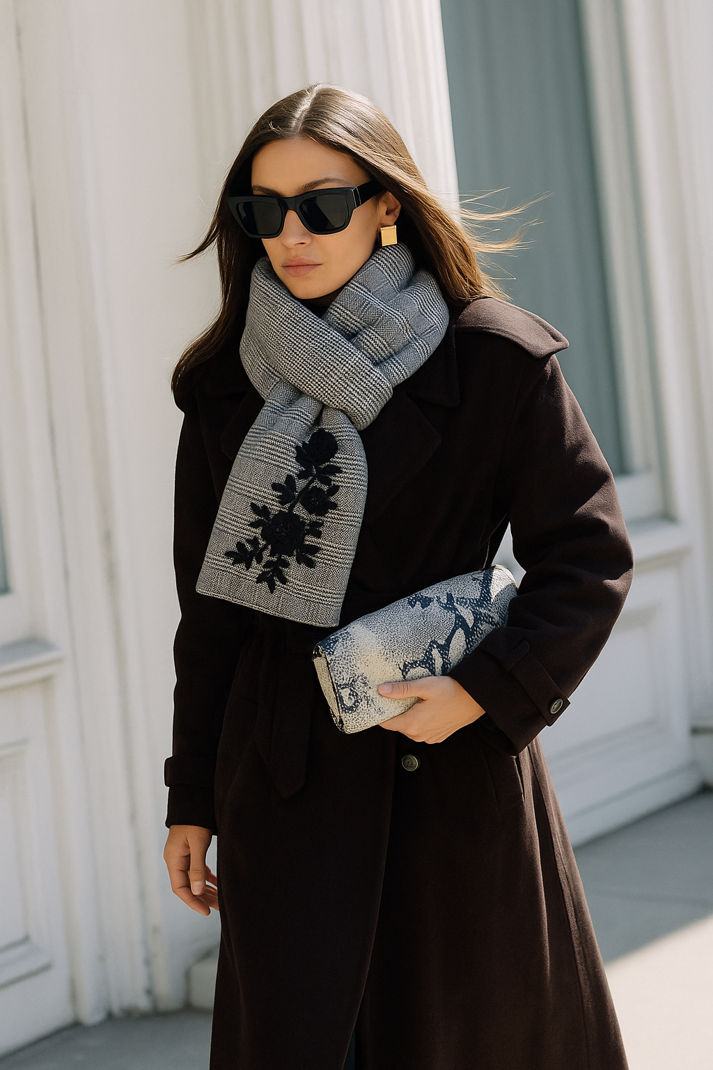 Kazayağı Desenli Siyah Çiçek İşlemeli Atkı