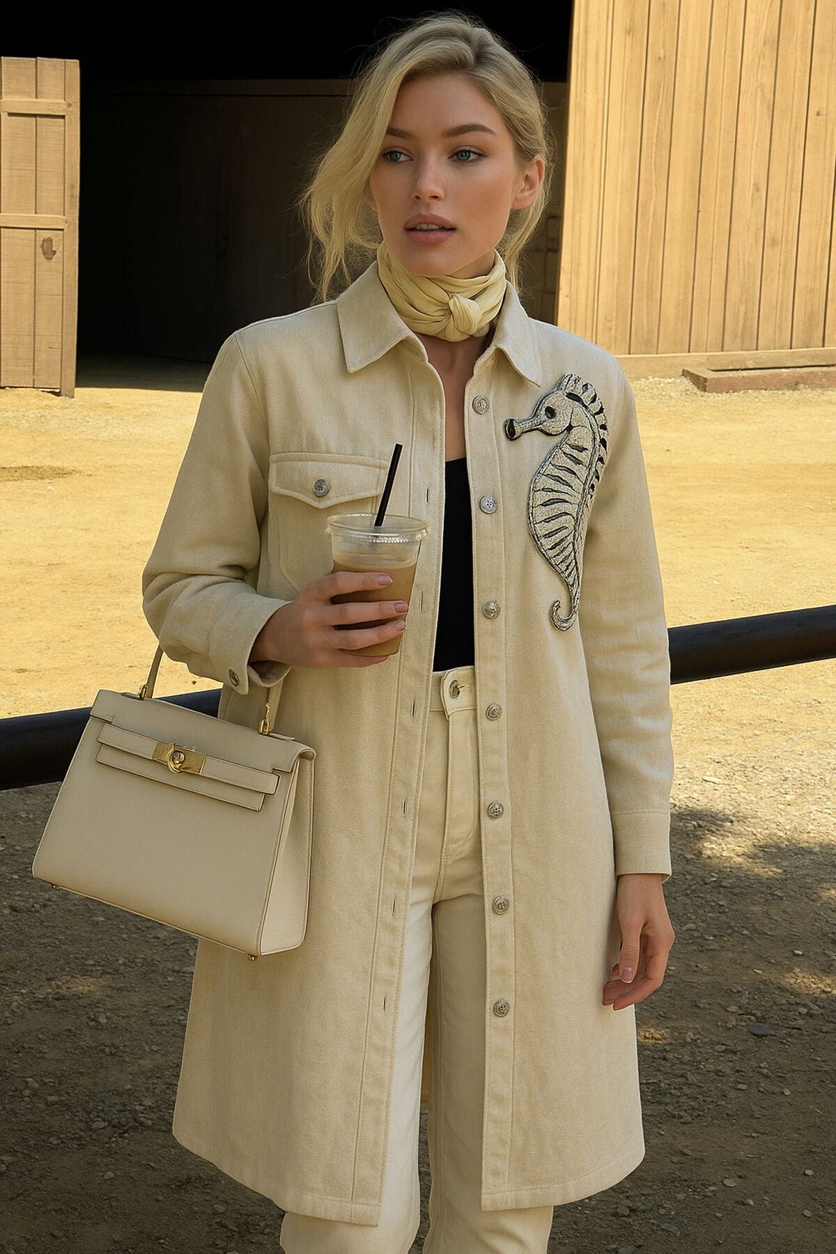 Gümüş Denizatı İşlemeli Uzun Krem Jean Ceket