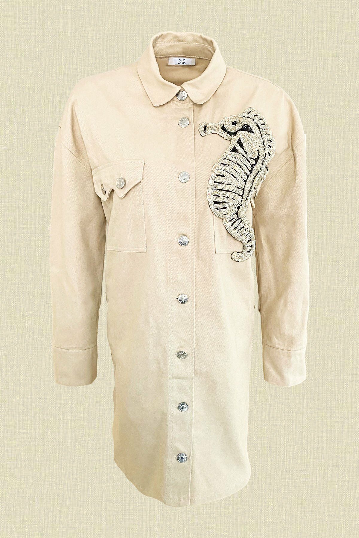 Gümüş Denizatı İşlemeli Uzun Krem Jean Ceket