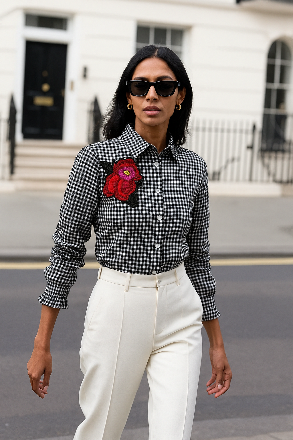 Kırmızı Gül İşlemeli Siyah Pötikare Gömlek