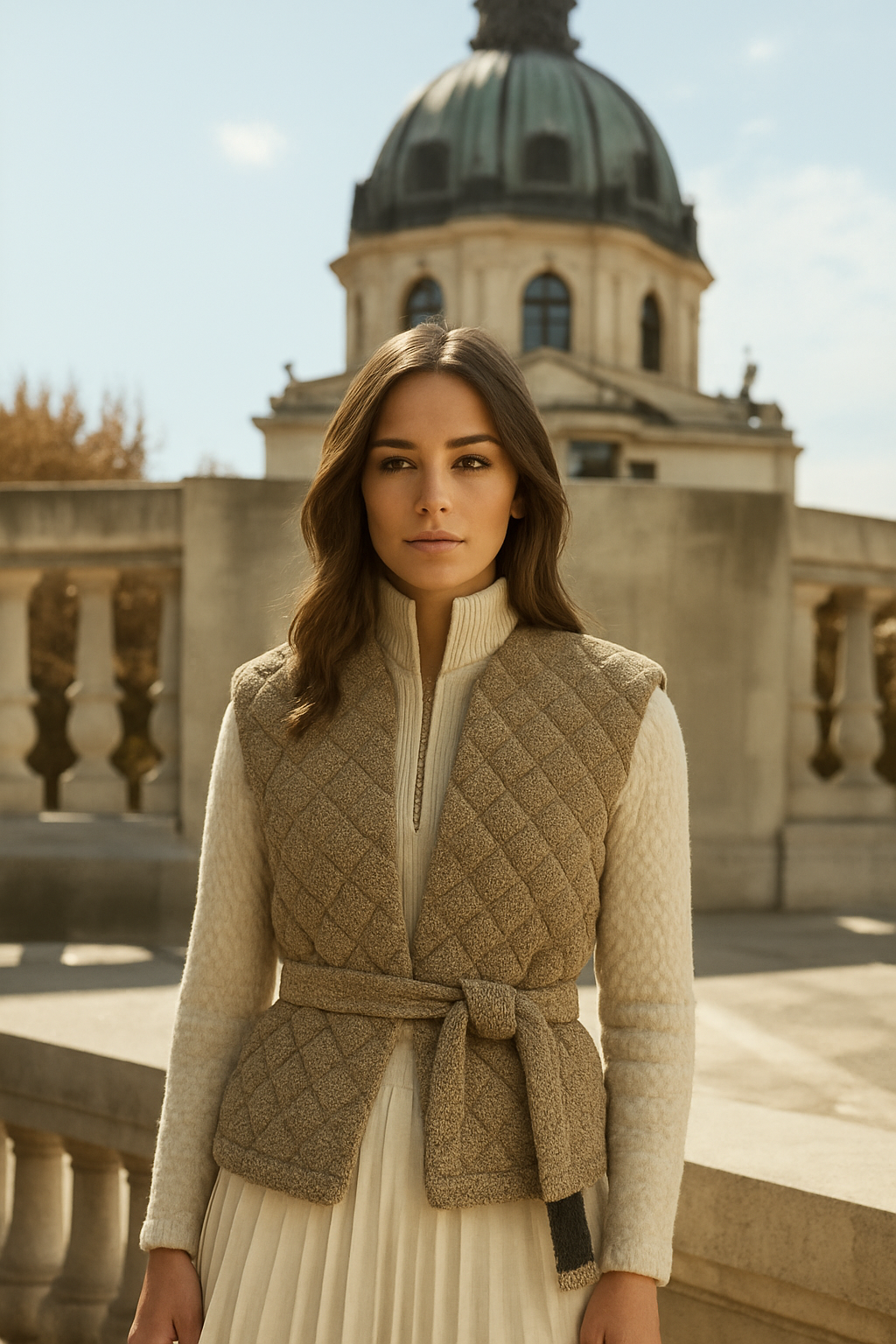 Çift Taraflı Beli Kemerli Krem Kapitone Şişme Yelek