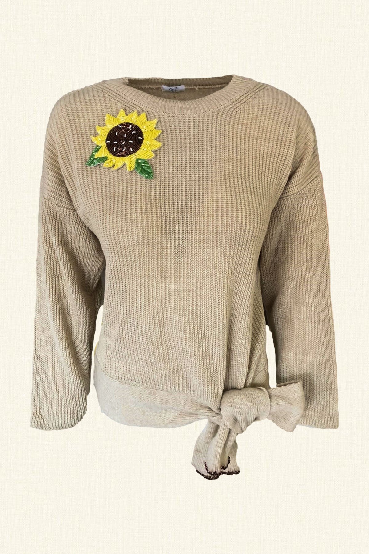 Ayçiçeği İşlemeli Krem Triko Kazak