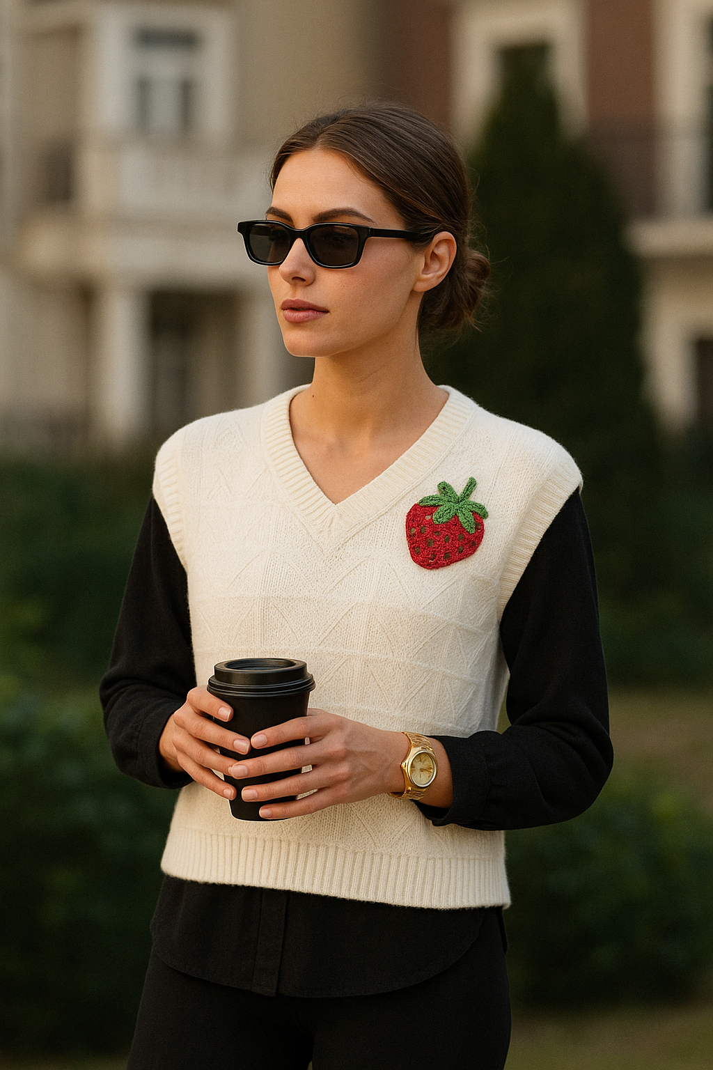 Çilek İşlemeli Siyah Gömlek Detaylı Beyaz Triko Kazak