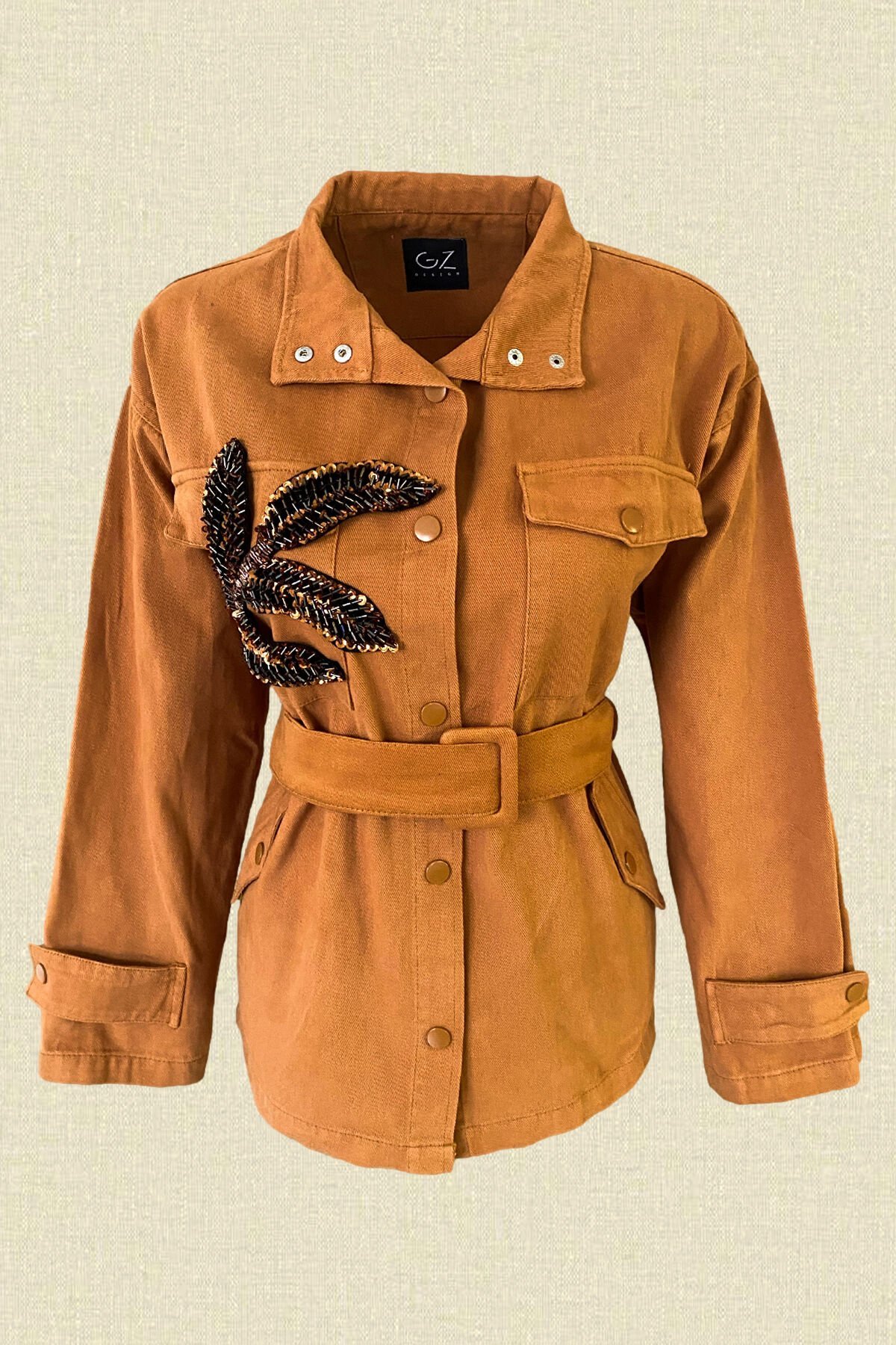 Bakır Yaprak İşlemeli Kiremit Renk Jean Ceket