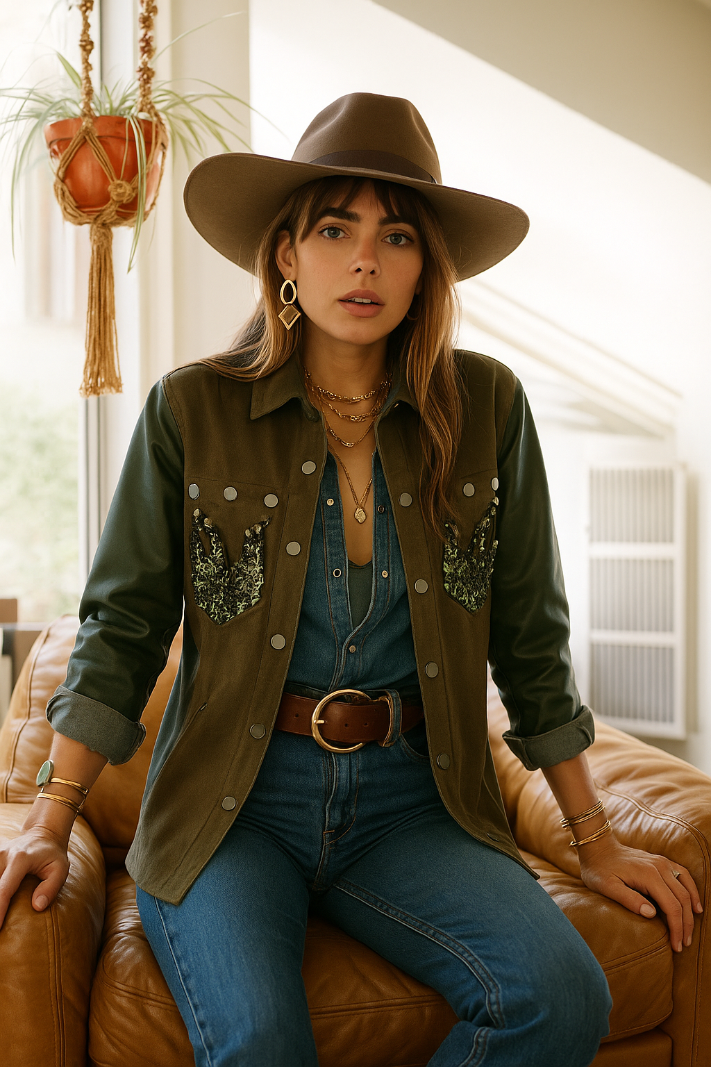 Yeşil Alev İşlemeli Kolları Deri Detaylı Jean Ceket