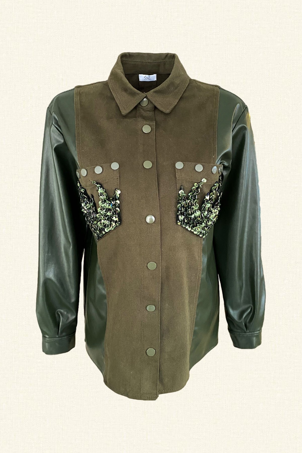 Yeşil Alev İşlemeli Kolları Deri Detaylı Jean Ceket