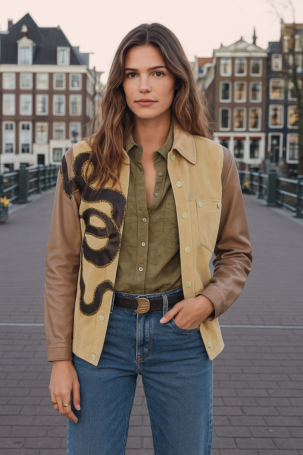 Deri Üzeri Gold Zincir Detaylı Kolları Deri Krem Jean Ceket