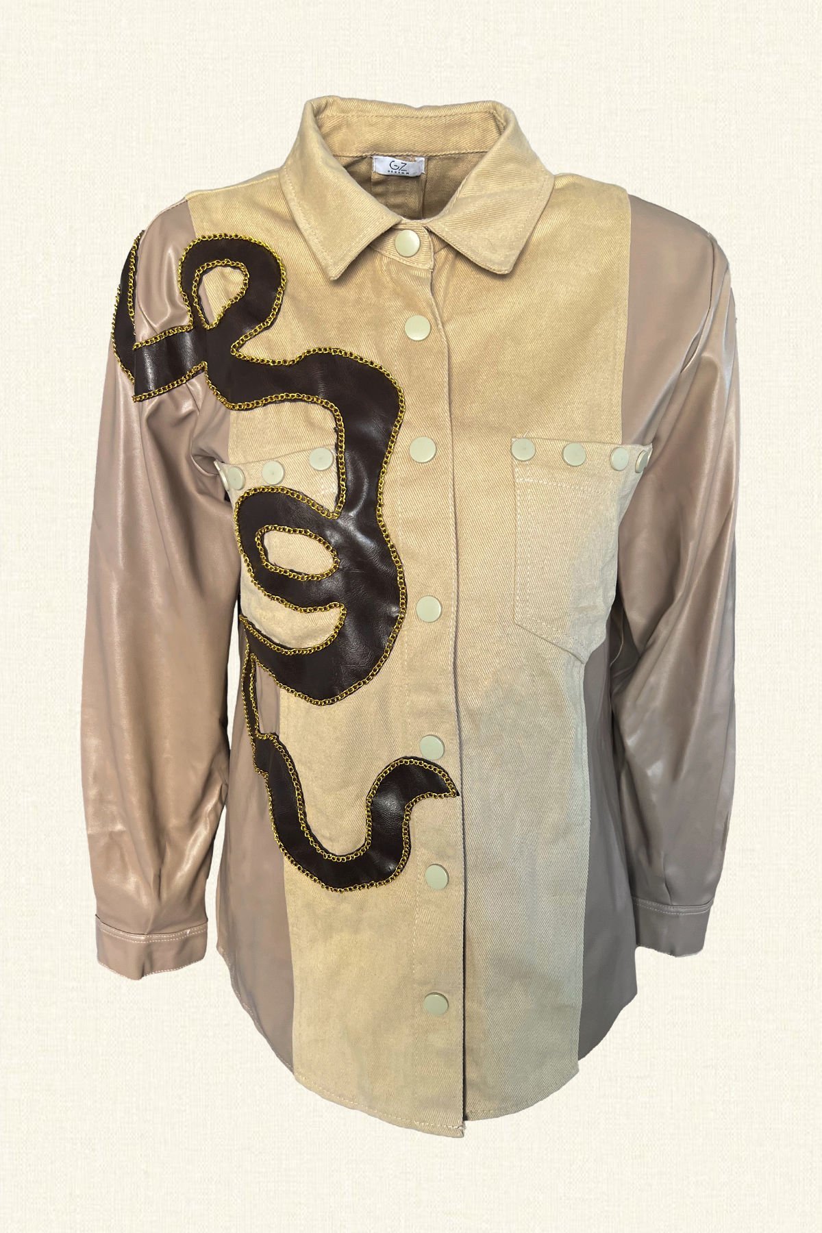 Deri Üzeri Gold Zincir Detaylı Kolları Deri Krem Jean Ceket