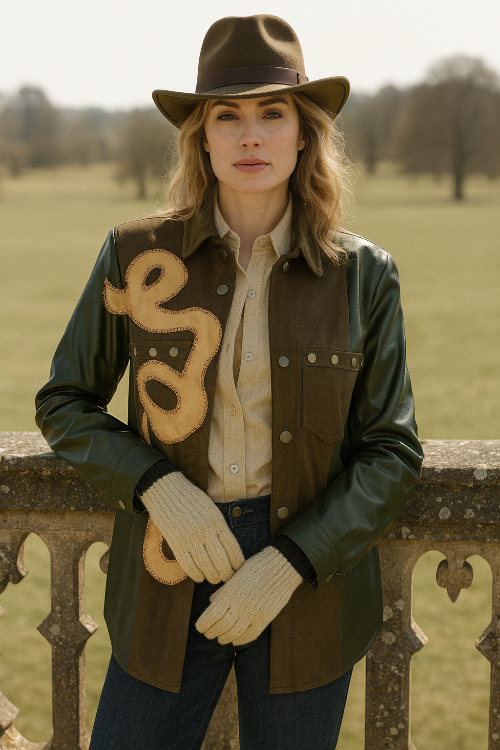 Deri Üzeri Bakır Zincir Detaylı Kolları Deri Yeşil Jean Ceket