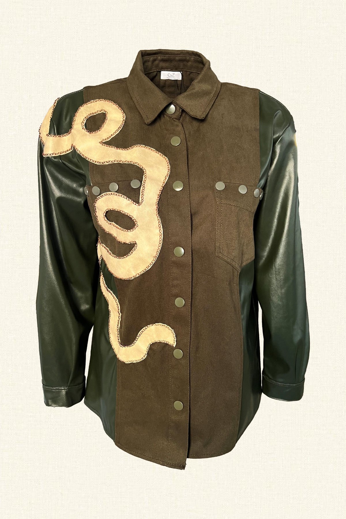 Deri Üzeri Bakır Zincir Detaylı Kolları Deri Yeşil Jean Ceket