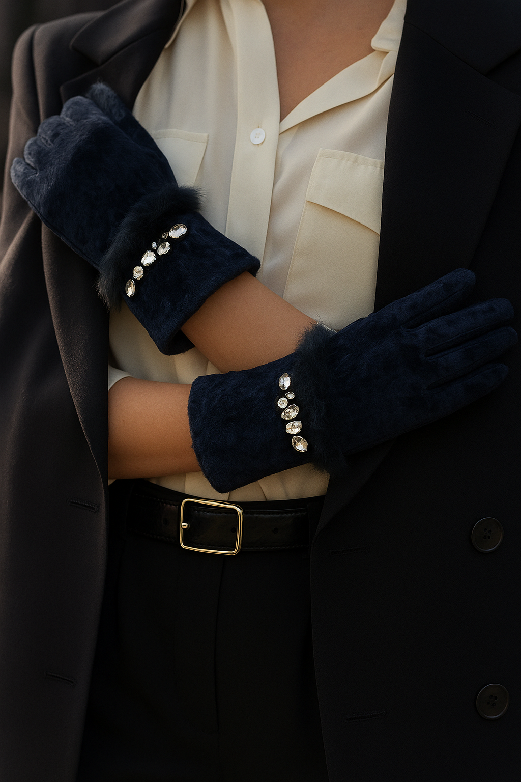 Tüy Ve Kristal İşlemeli Siyah Eldiven