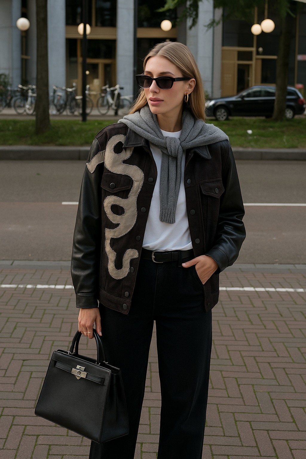 Deri Üzeri Gri Zincir Detaylı Kolları Deri Siyah Jean Ceket