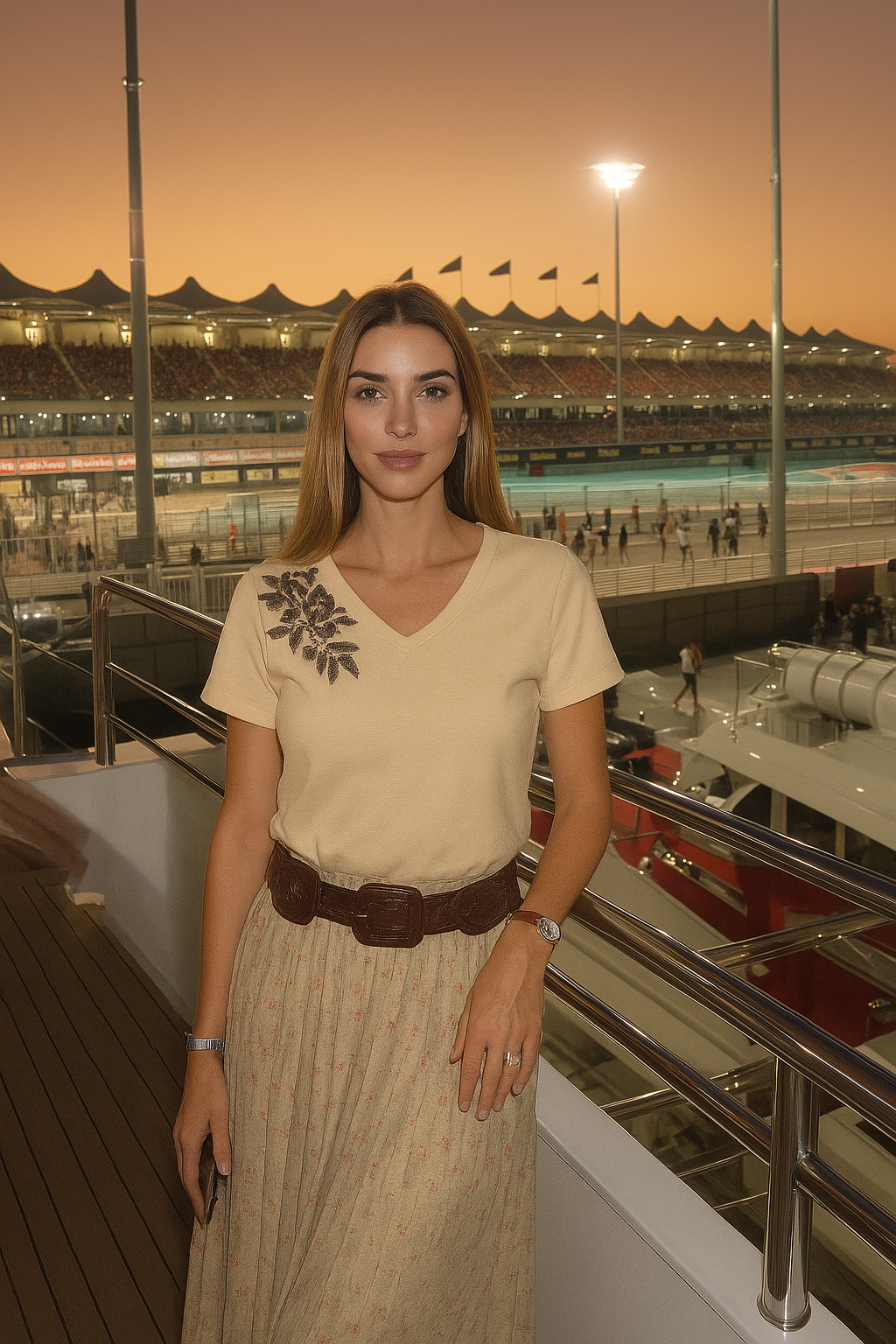 Bakır Çiçek İşlemeli Krem V Yaka Tişört