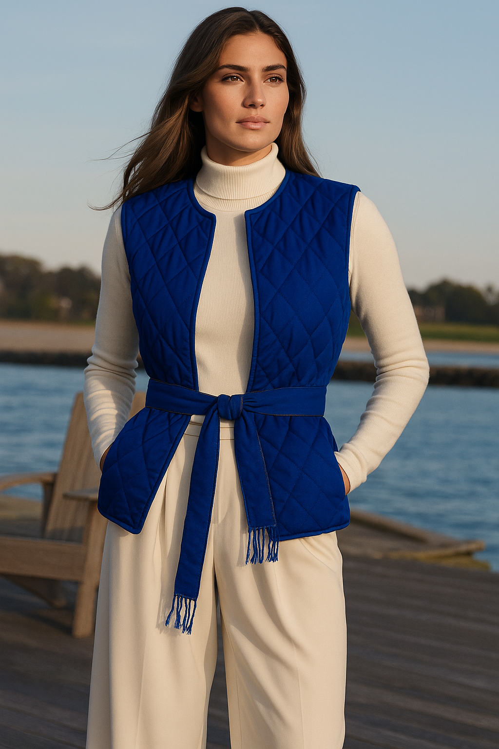 Çift Taraflı Beli Kemerli Mavi Kapitone Şişme Yelek