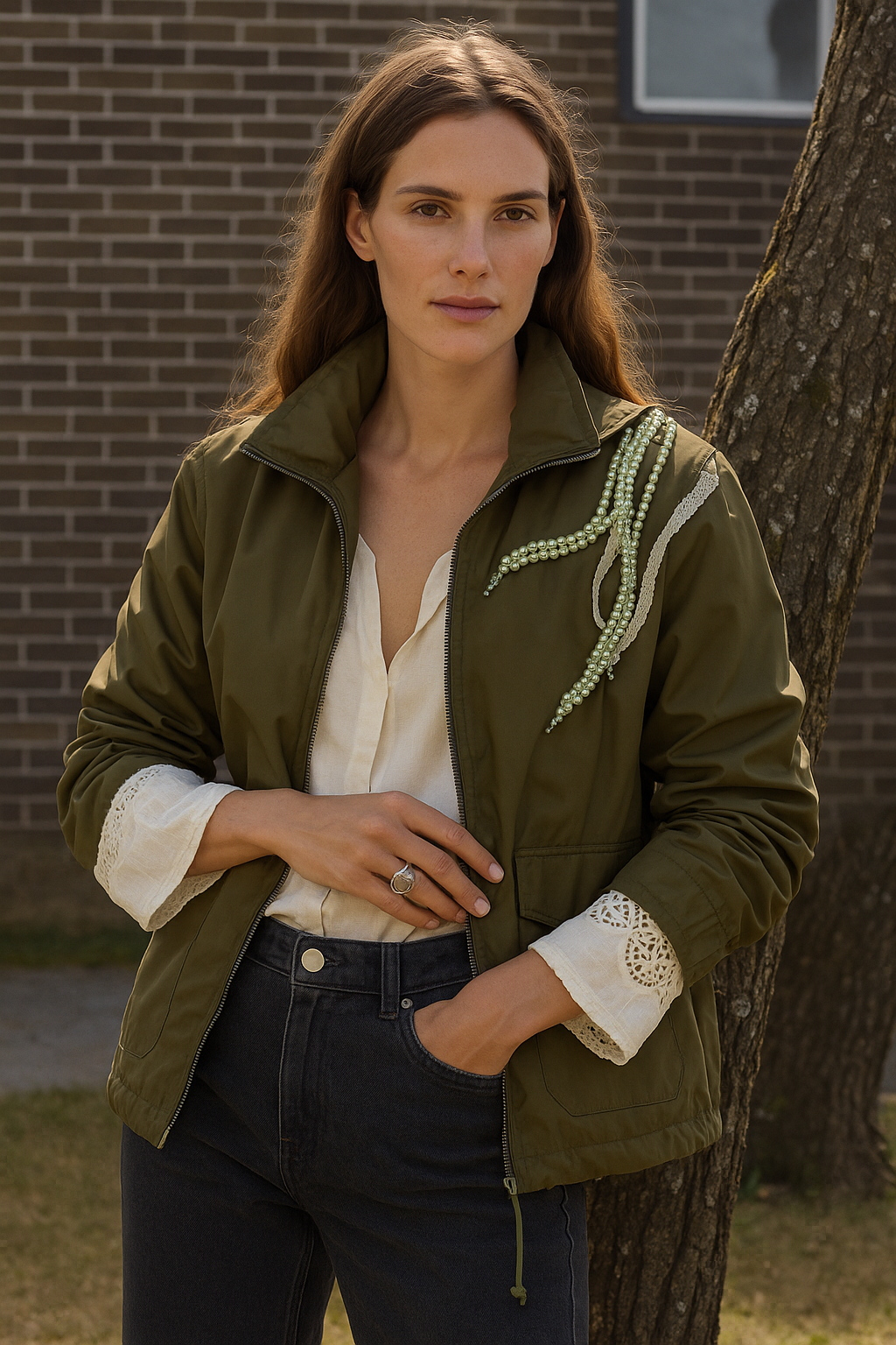 İnci İşlemeli Haki Yeşili Yağmurluk