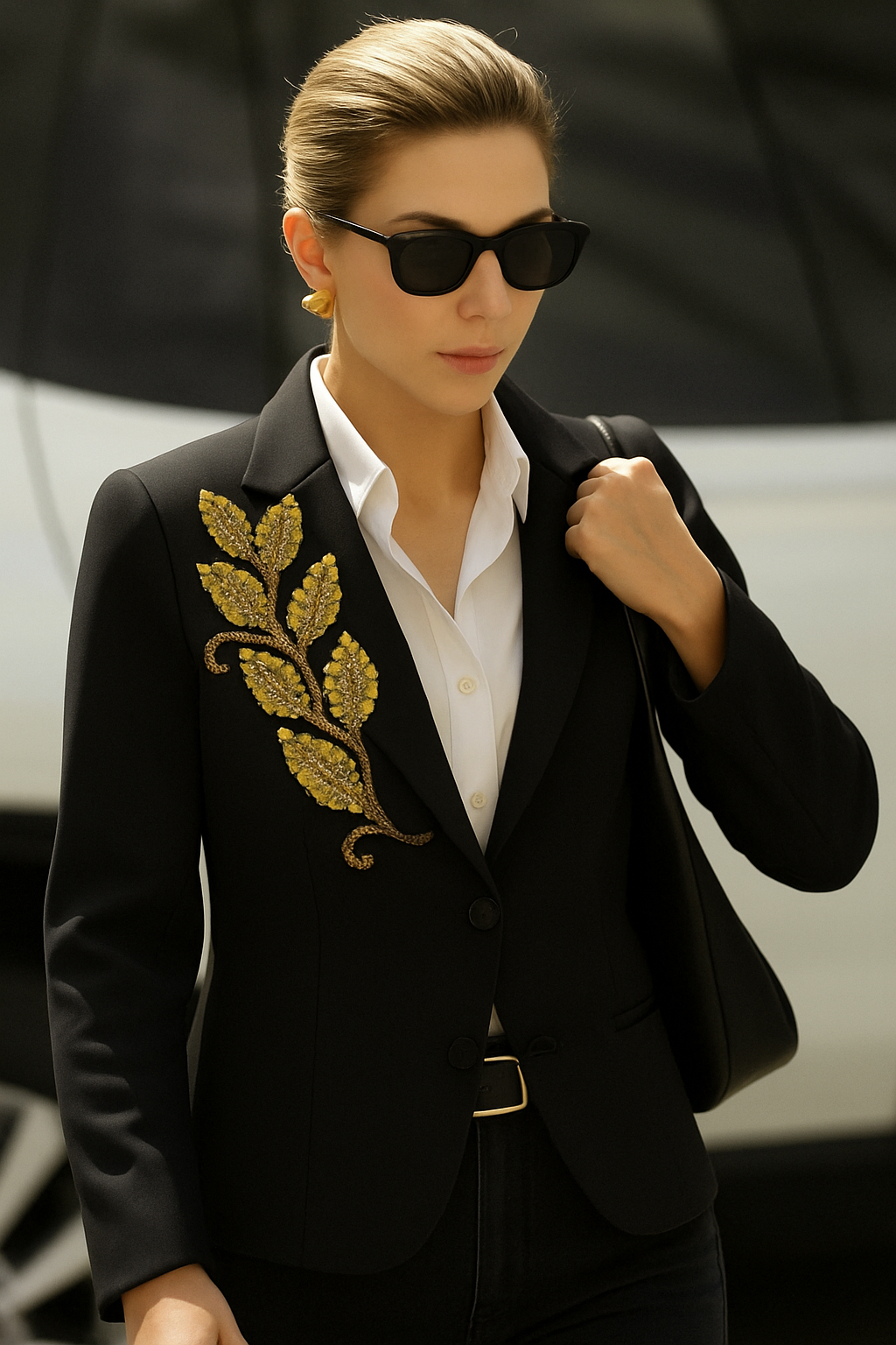 Gold Yaprak İşlemeli Siyah Blazer Ceket