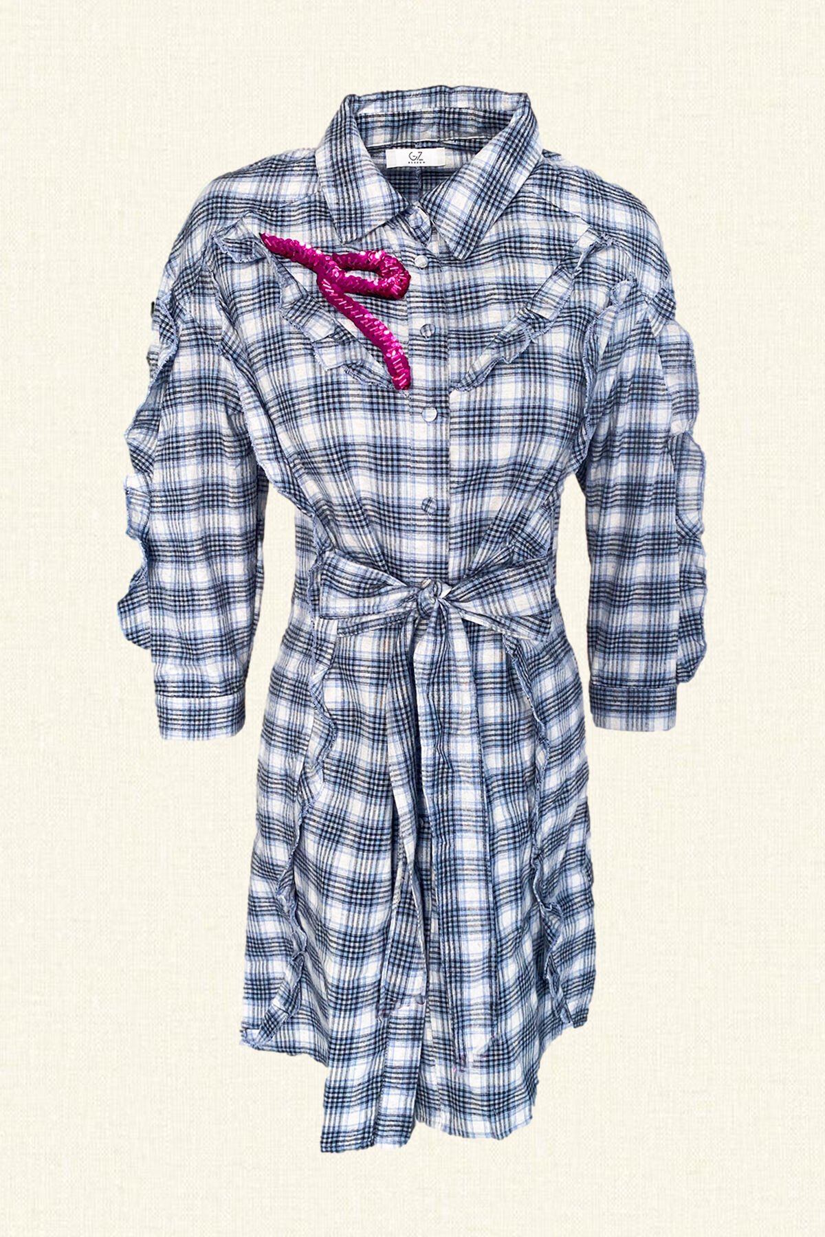 Pembe İşlemeli Fırfır Detay Mavi Gömlek Elbise