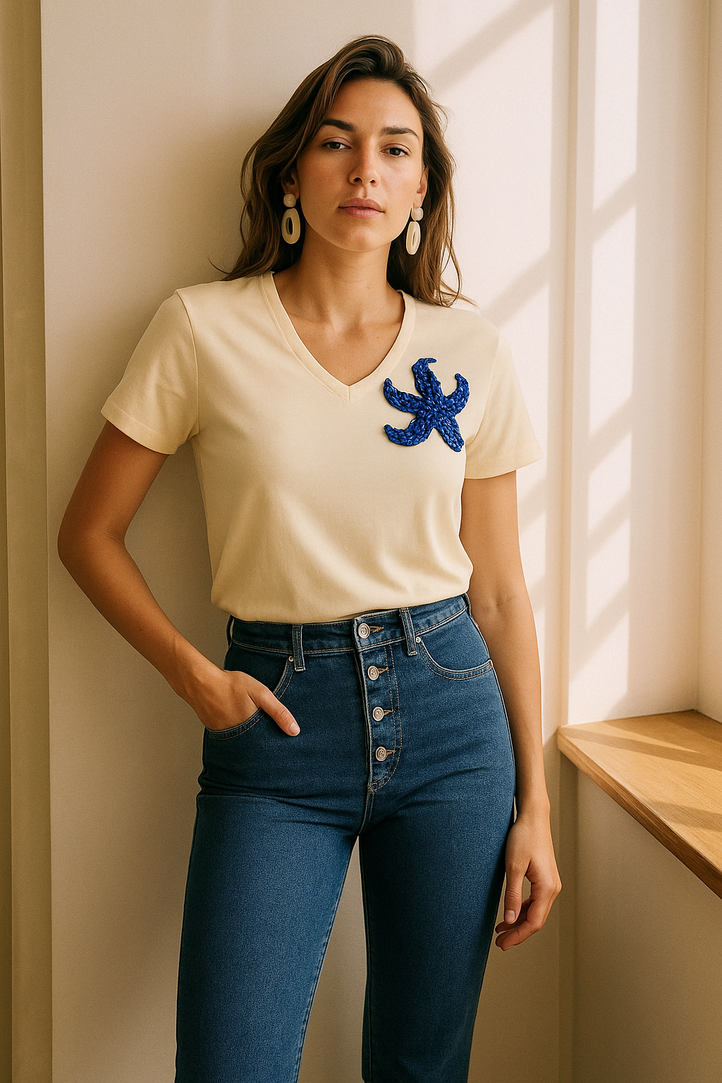 Mavi Denizyıldızı İşlemeli Krem Renk V-Yaka Tişört