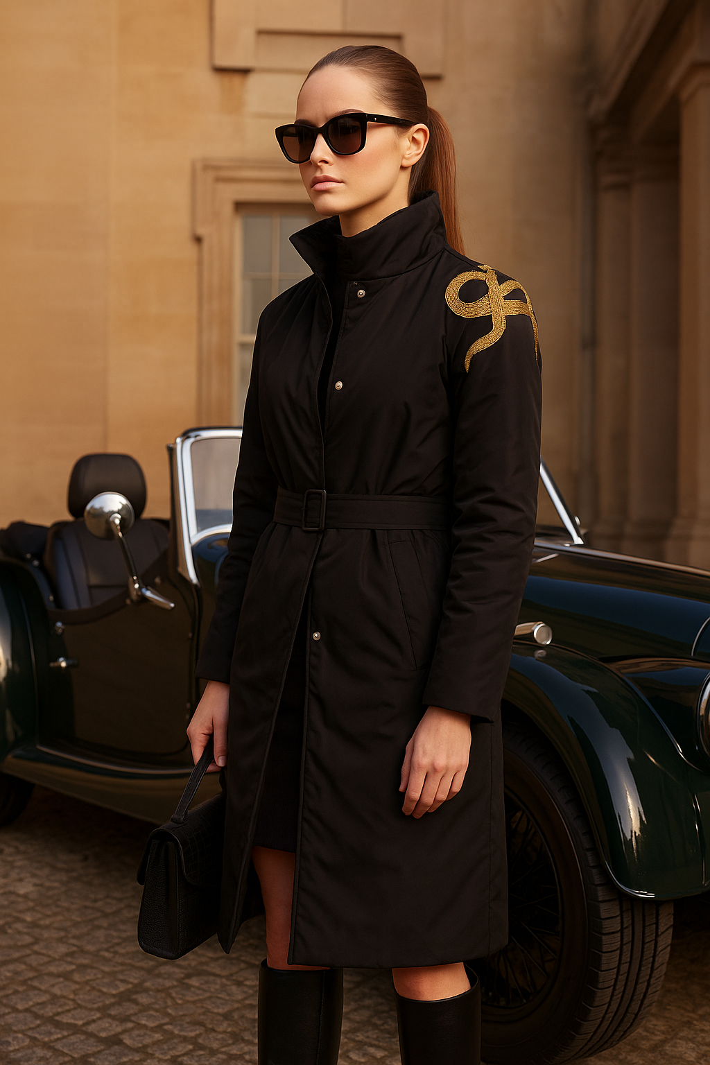 Gold Halat İşlemeli Siyah Kapitone Uzun İnce Mont