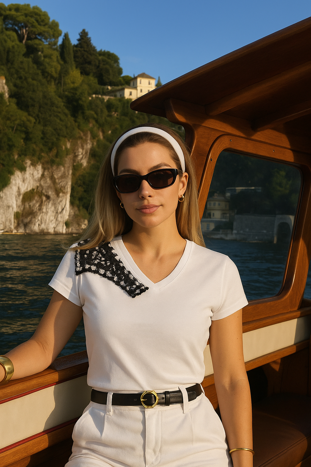 Boncuk İşlemeli Siyah Tül Detaylı Beyaz Renk V-Yaka Tişört