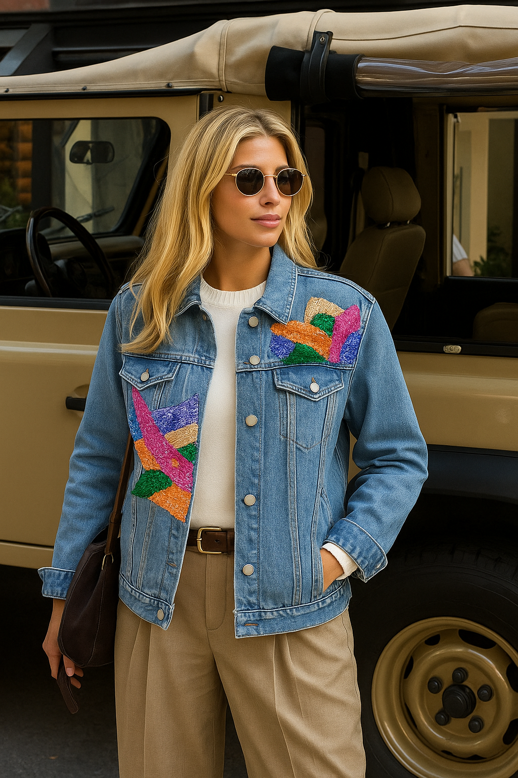 Renkli Pul İşlemeli Jean Ceket