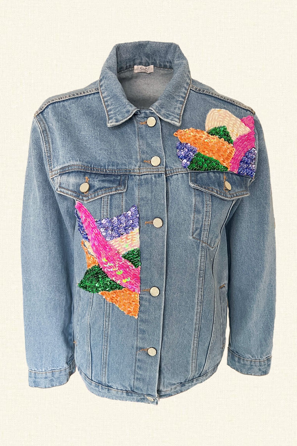 Renkli Pul İşlemeli Jean Ceket