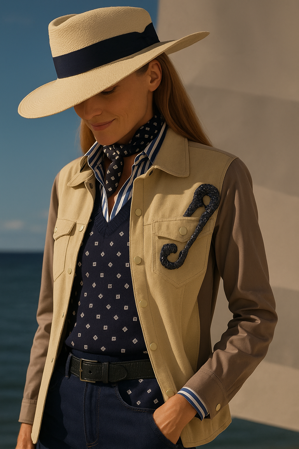 Kristal Çengelli İğne İşlemeli Kolları Deri Detay Krem Jean Ceket