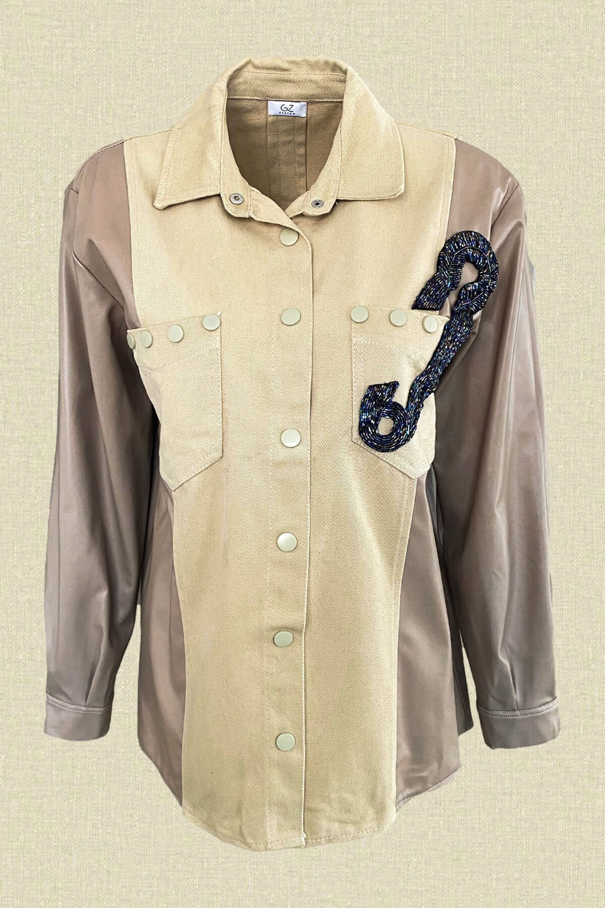 Kristal Çengelli İğne İşlemeli Kolları Deri Detay Krem Jean Ceket