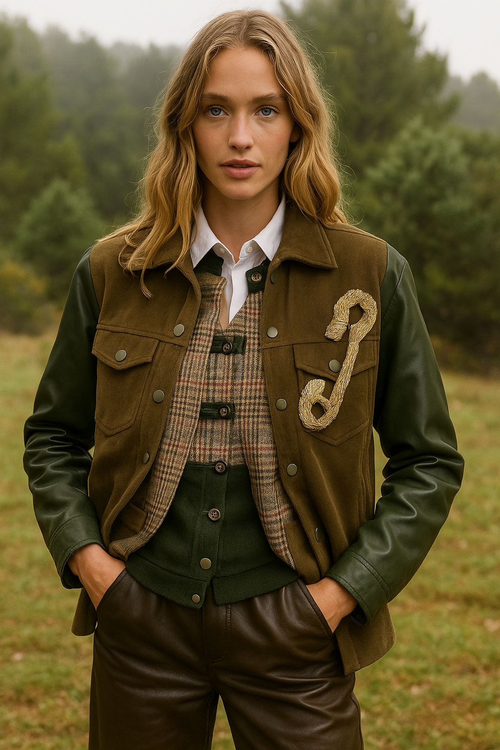 Gold Çengelli İğne İşlemeli Kolları Deri Detay Yeşil Jean Ceket